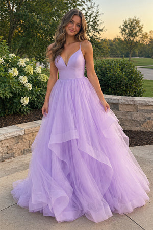 Lilac A Line Spaghetti Straps Long Prom Dress with Ruffles | KISSPROM