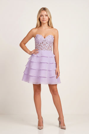 Lilac A-Line Strapless Tiered Corset Short Homecoming Dress with Appliques - KISSPROM