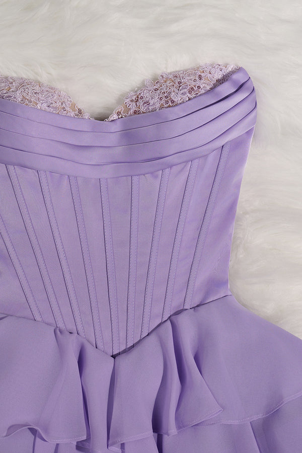 Lilac A-Line Sweetheart Corset Ruffle Homecoming & Cocktail Dresses With Applique - KissProm