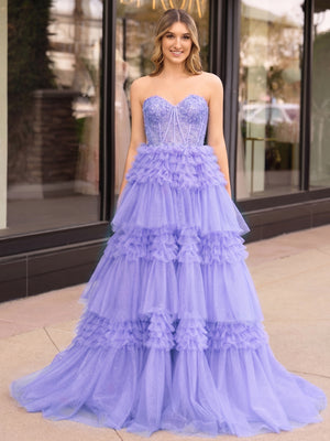 A-Line Sweetheart Tiered Long Tulle Prom Dress - Kissprom