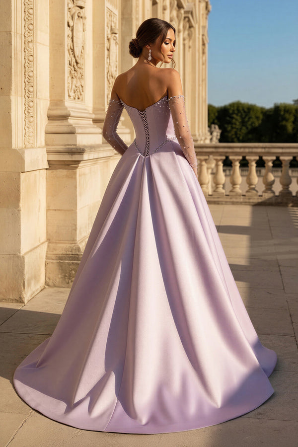 Lilac A-Line Sweetheart Satin Long Corset Prom Dress with Slit (Gloves are not Included) | KISSPROM