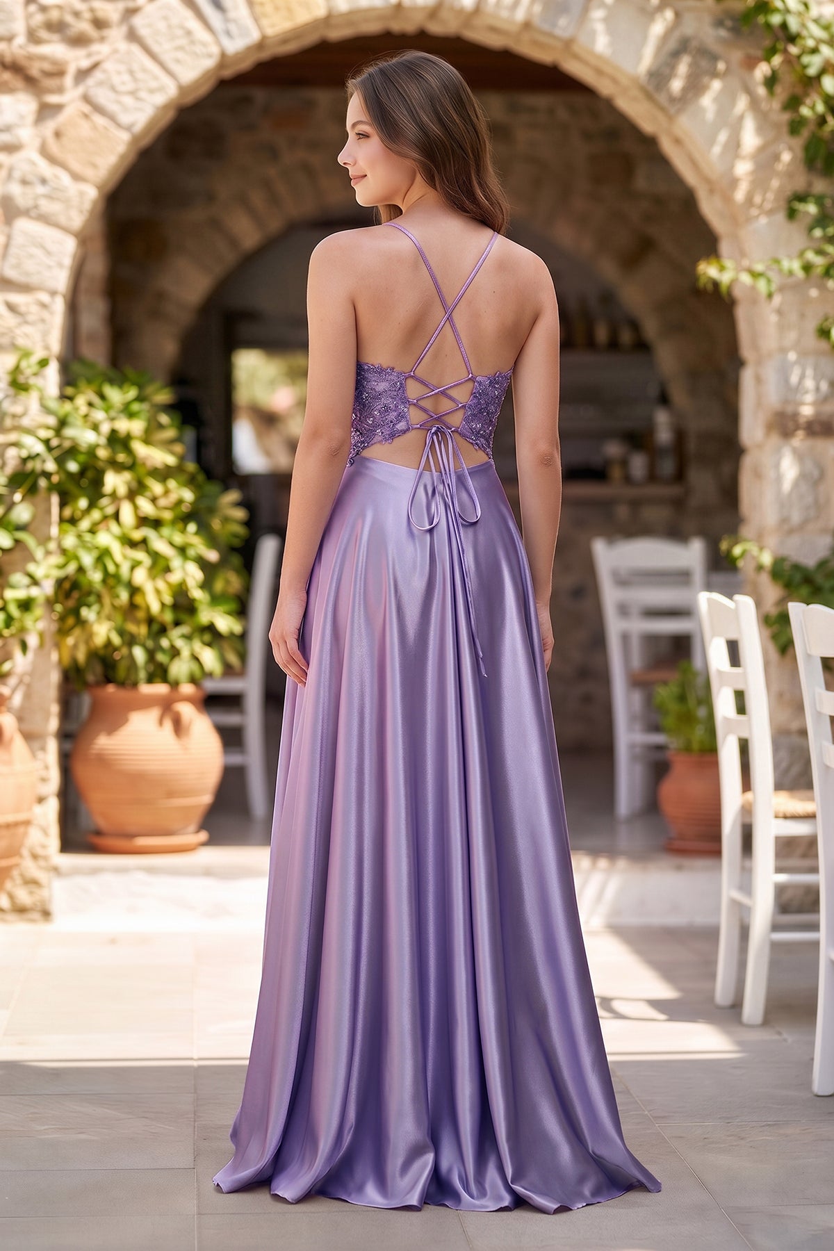 KissProm A-Line V-Neck Satin Prom Dress with Slit, Lilac / 2