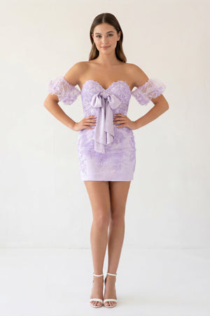 Sheath Sweetheart Lace Bow Short Homecoming Dress with Puff Sleeves