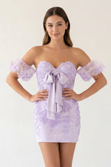 Sheath Sweetheart Lace Bow Short Homecoming Dress with Puff Sleeves