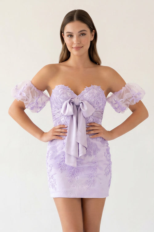 Sheath Sweetheart Lace Bow Short Homecoming Dress with Puff Sleeves