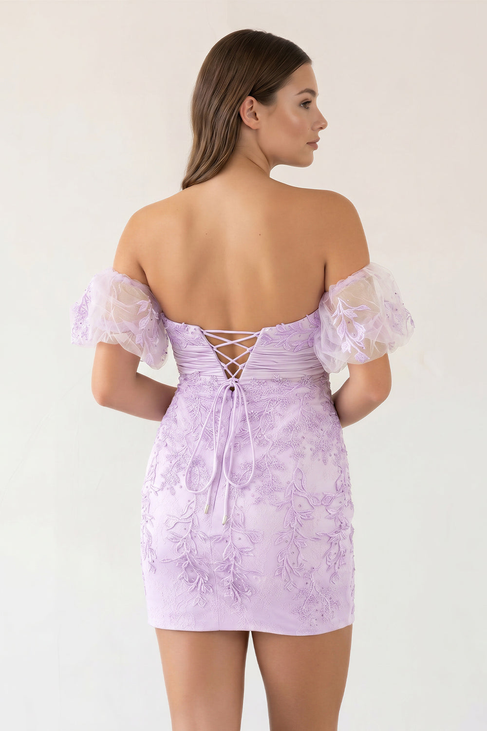Sheath Sweetheart Lace Bow Short Homecoming Dress with Puff Sleeves