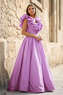 Red Ruffle V Neck Satin A - Line Long Prom Dresses - KissProm