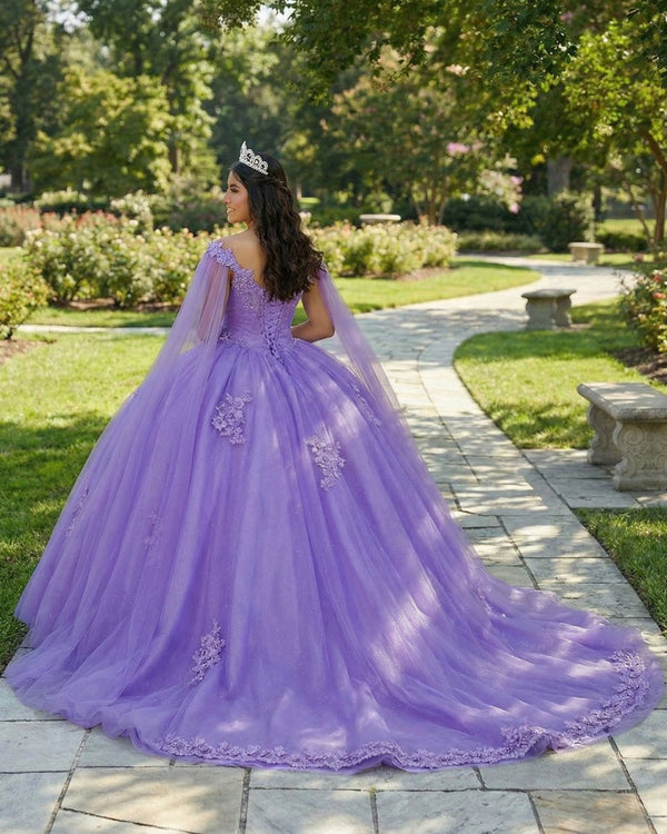 Lilac Ball - Gown Tulle Quinceanera Dresses 3D Flowers With Cape - KissProm