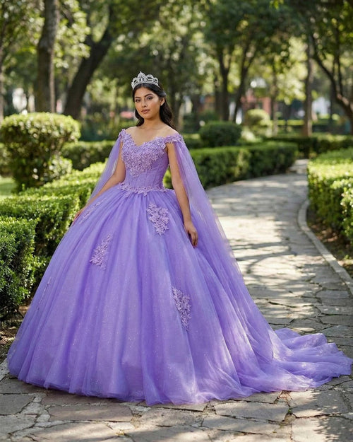 Lilac Ball - Gown Tulle Quinceanera Dresses 3D Flowers With Cape - KissProm
