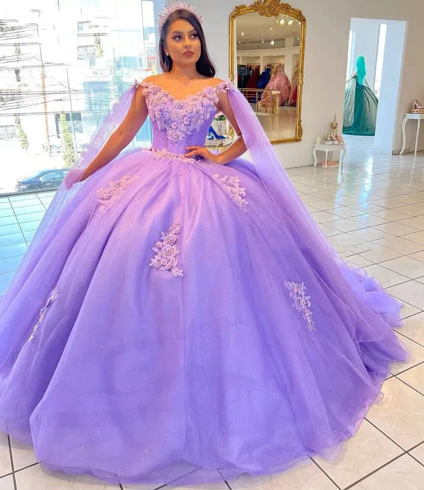 Lilac Ball - Gown Tulle Quinceanera Dresses 3D Flowers With Cape - KissProm