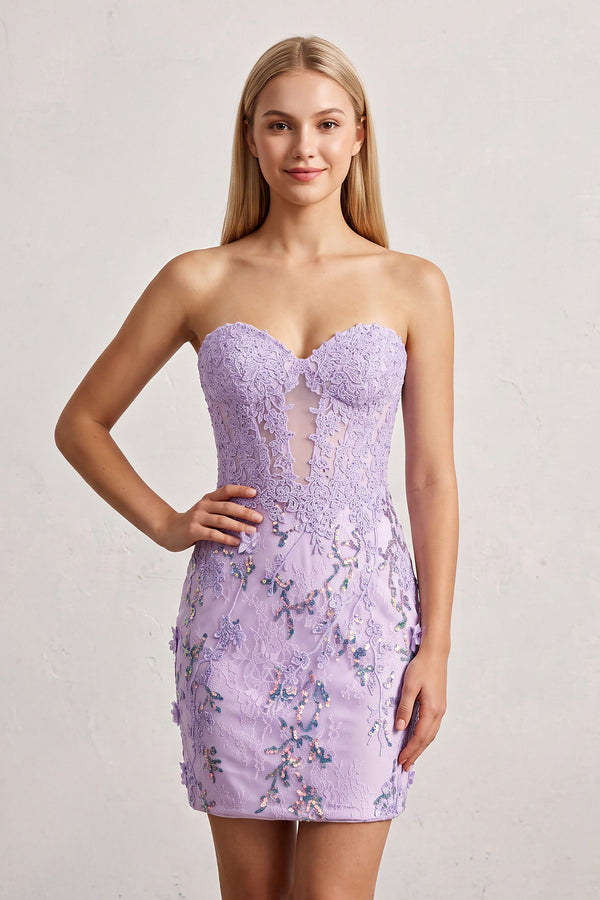 Lilac Bodycon Sweetheart Lace Short Tight Homecoming Dresses with Appliques | KISSPROM