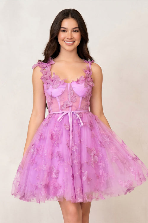 Lilac A line Short Tulle Prom Dress with 3D Butterflies - KISSPROM