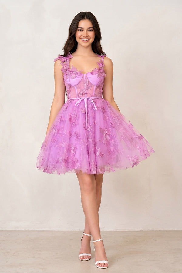 Lilac A line Short Tulle Prom Dress with 3D Butterflies - KISSPROM