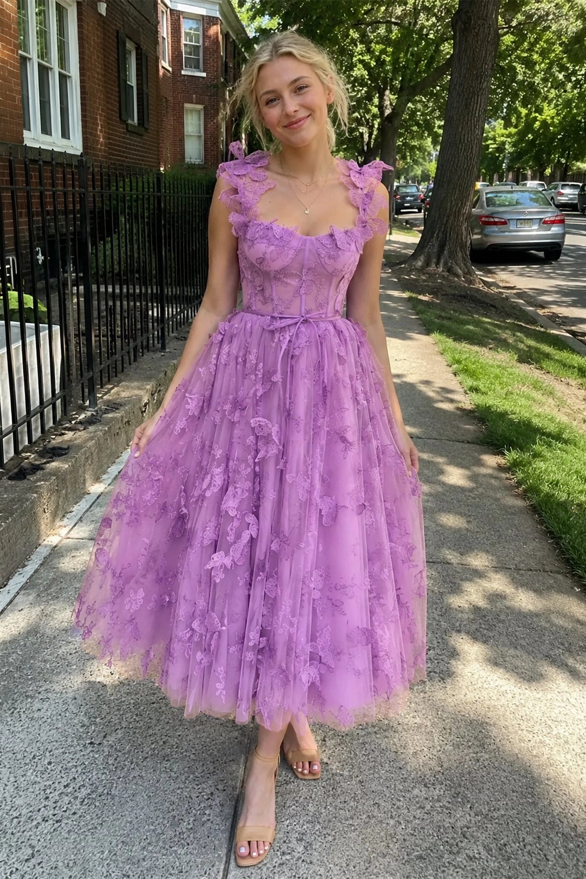 KissProm Aline Tulle Midi Prom Dress with 3D Butterflies, Lilac / 14