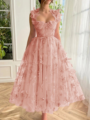 Aline Tulle Midi Prom Dress with 3D Butterflies - KissProm