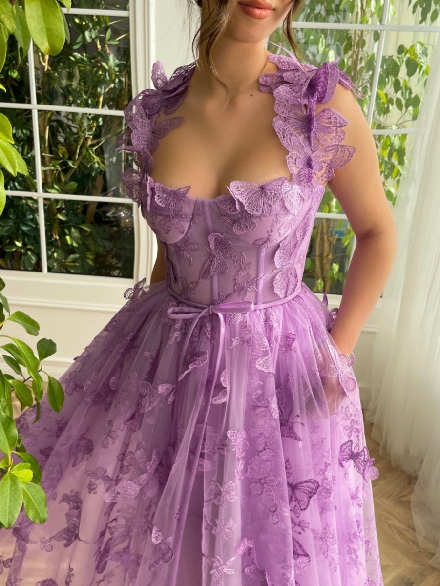 strapless open back dress Aline Tulle Midi Prom Dress with 3D Butterflies, Lilac / 14