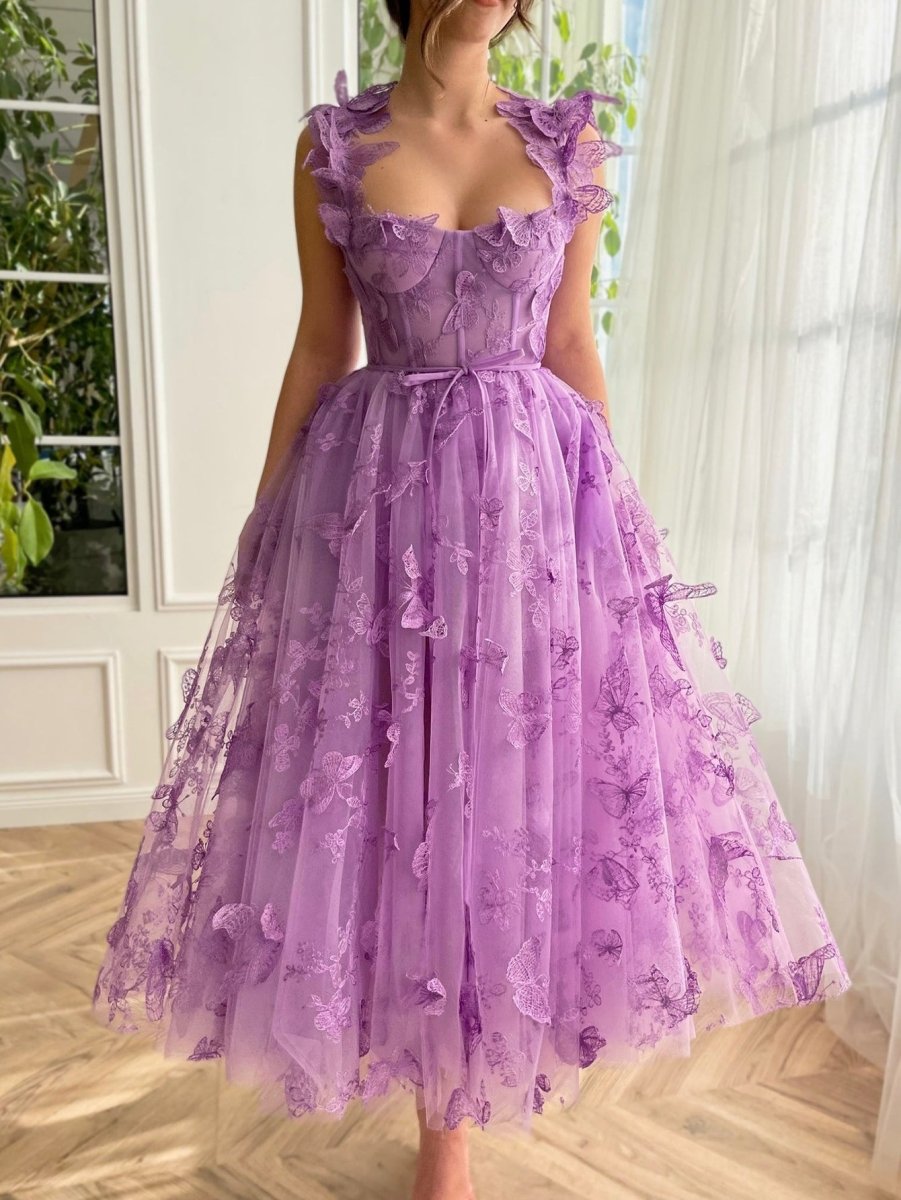 Aline Tulle Midi Prom Dress with 3D Butterflies, Lilac / 14