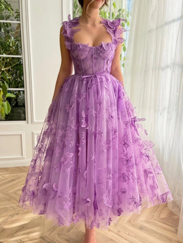 Aline Tulle Midi Prom Dress with 3D Butterflies - KissProm