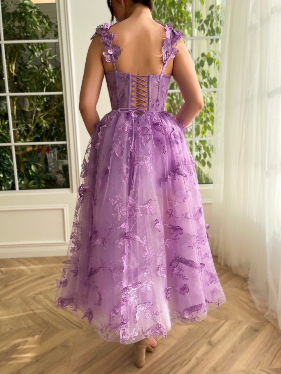 Aline Tulle Midi Prom Dress with 3D Butterflies, Lilac / 14 Aline Tulle Midi Prom Dress with 3D Butterflies, Lilac / 14