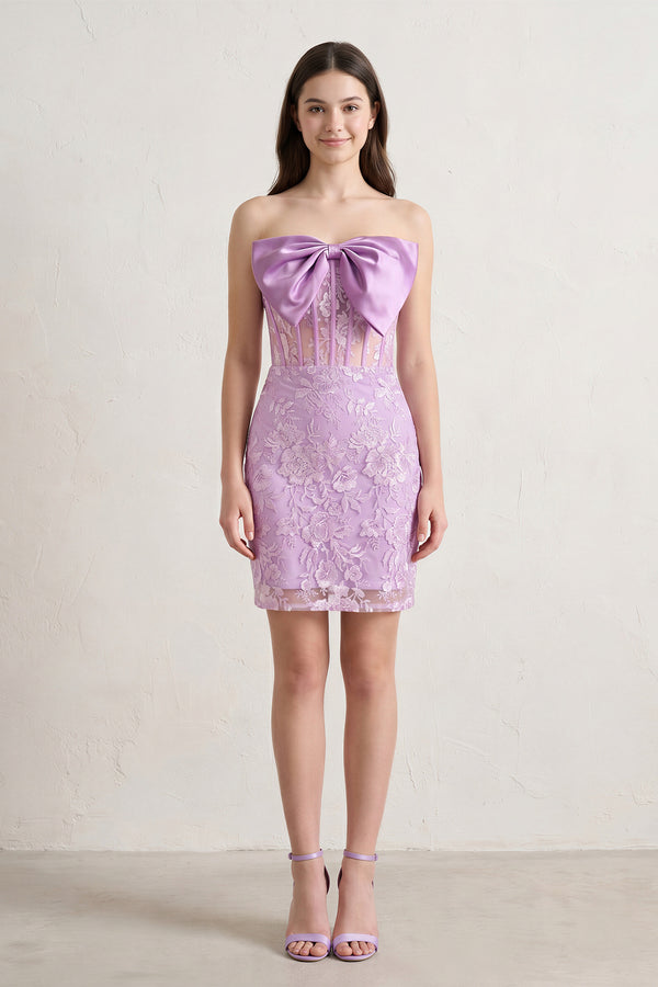 lilac - Bodycon Sequined Lace Strapless Corset Homecoming Dresses with Bow – Homecoming Dresses by KissProm | Available at KissProm