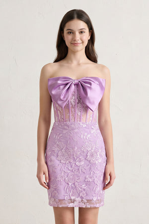 lilac - Bodycon Sequined Lace Strapless Corset Homecoming Dresses with Bow – Homecoming Dresses by KissProm | Available at KissProm