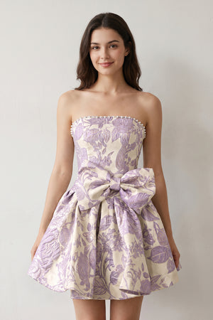 Lilac Flower Jacquard Strapless A-Line Bowknot Homecoming Dress With Pearl (3) | KISSPROM