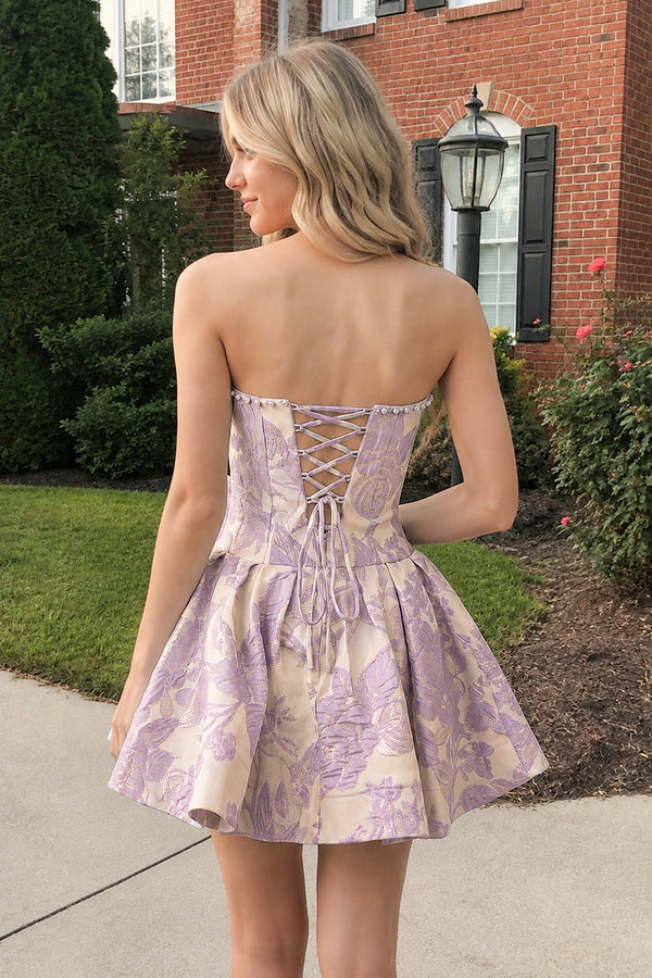 Lilac Flower Jacquard Strapless A-Line Bowknot Homecoming Dress With Pearl (2) | KISSPROM