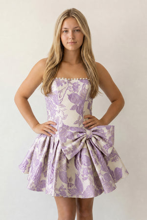 Lilac Flower Jacquard Strapless A-Line Bowknot Homecoming Dress With Pearl - KISSPROM