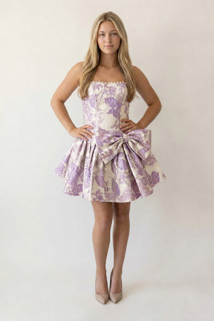 Lilac Flower Jacquard Strapless A-Line Bowknot Homecoming Dress With Pearl - KISSPROM