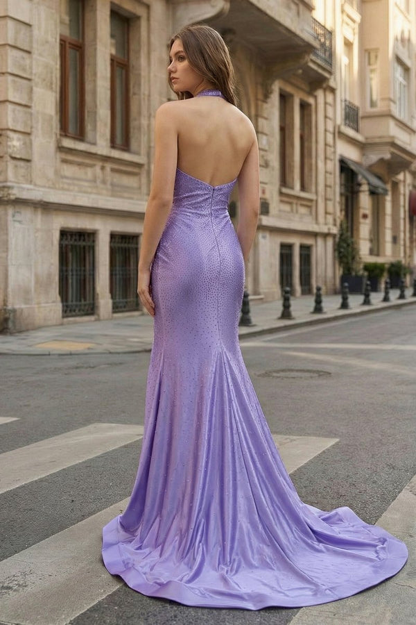 Lilac Halter Mermaid Beaded Satin Long Prom Dresses With Slit - KissProm