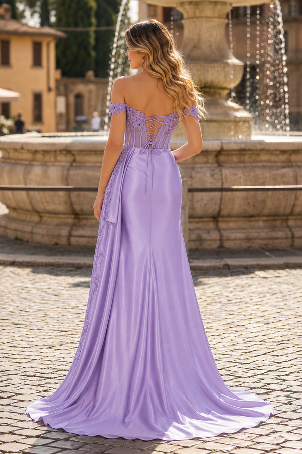 Off the Shoulder Satin Beaded Prom Dress With Appliques
