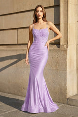 Lilac Mermaid Spaghetti Straps Long Party Dress with Appliques | KISSPROM