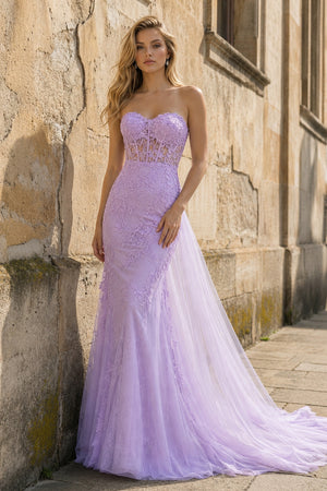 Lilac Mermaid Sweetheart Neck Lace Long Prom Dress With Appliques - KissProm