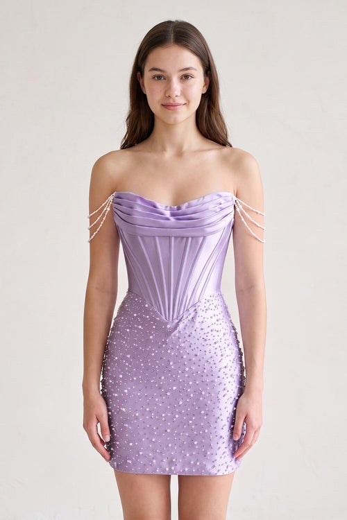 Lilac Off-the-Shoulder Satin Sheath Corset Mini Party Dress With Pearl | KISSPROM