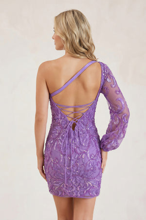 Emerald One-Sleeve Short Sequin Lace-Up Embroidered Homecoming Dress - KissProm