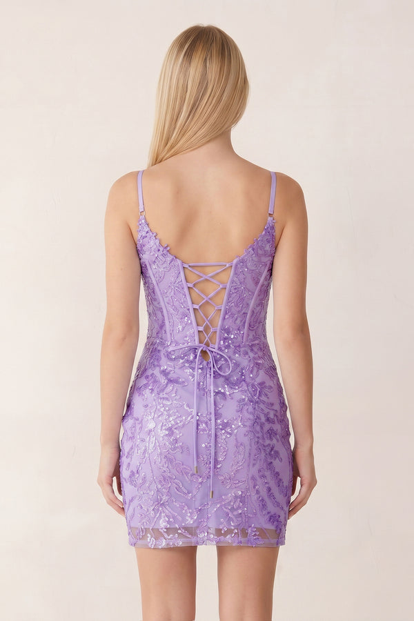 Lilac Sequin Lace Sweetheart Fitted Mini Homecoming Dresses - KISSPROM