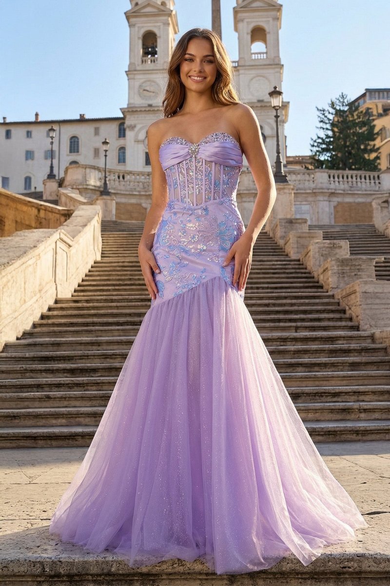 Lilac Sheath Strapless Tulle Pleated Long Prom Dresses With Beading - KissProm