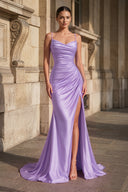 Lilac Spaghetti Straps Mermaid Satin Slit Prom Dresses | KISSPROM