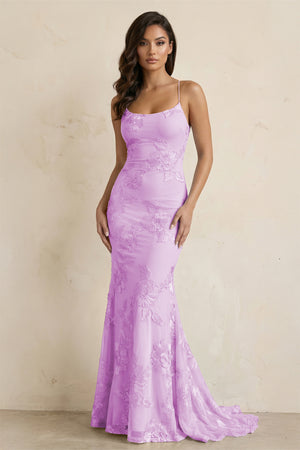 KissProm-Lilac Spaghetti Straps Mermaid Tulle Long Prom Dresses With Appliques