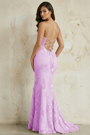 KissProm-Lilac Spaghetti Straps Mermaid Tulle Long Prom Dresses With Appliques