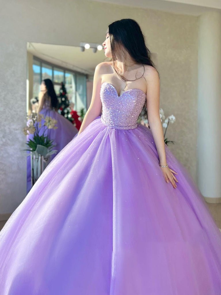 fitted lace wedding dress Lilac Sequins Lace Off The Shoulder Quinceanera Dresses Gorgeous Sparkly Ball Gown Prom Dress ARD3179 main image 1