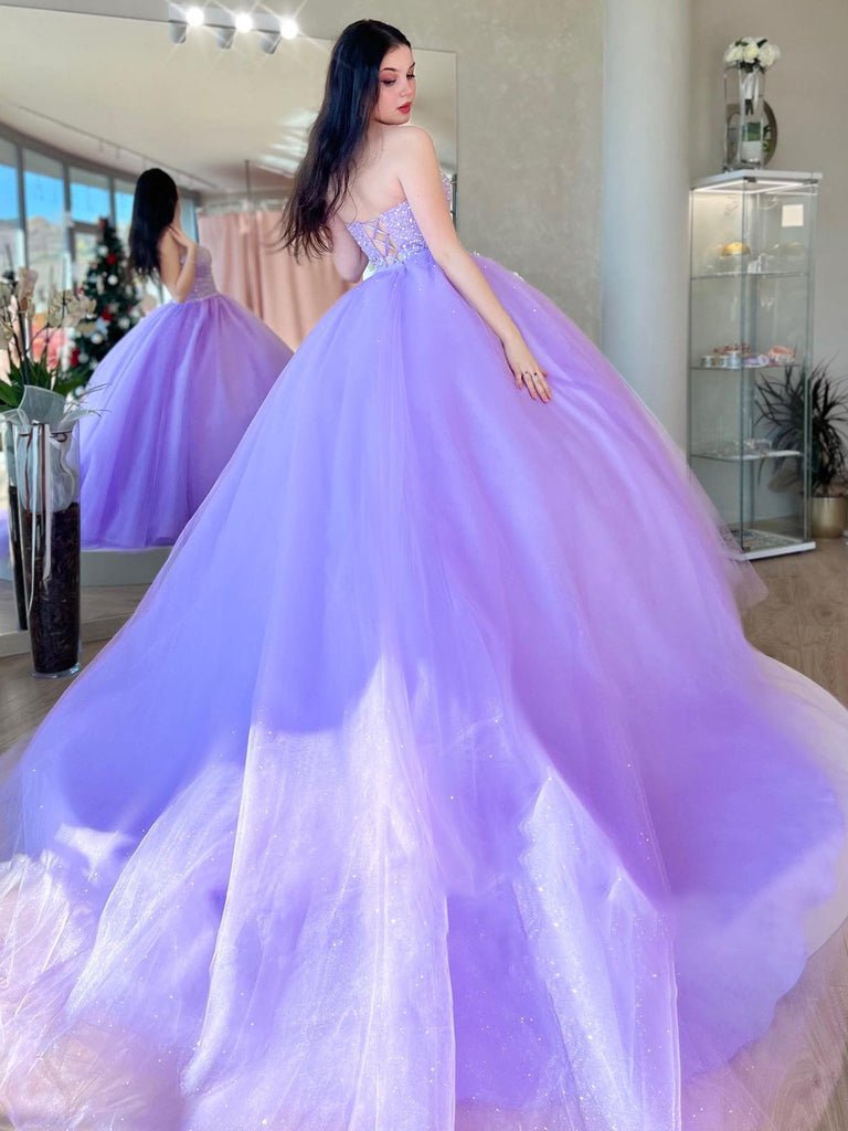 Lilac Tulle Ball Gown Beaded Long Prom Quinceanera Dresses, Lilac / 6