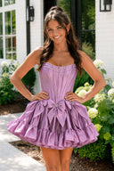 Lilac Strapless Beaded Short Homecoming Dress with Bow | KISSPROM