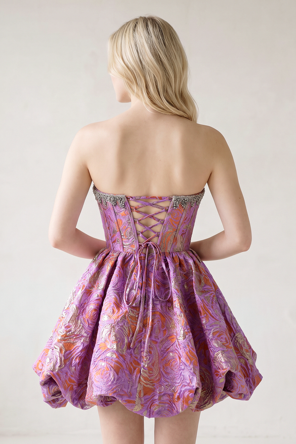 Lilac Strapless Corset Jacquard A-Line Ruched Homecoming Dress with Beading | KISSPROM