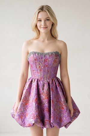 Lilac Strapless Corset Jacquard A-Line Ruched Homecoming Dress with Beading | KISSPROM