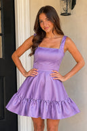 Zinovia Black A Line Satin Square Neck Ruffles Short Homecoming Dresses - KissProm