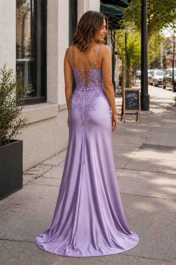 Sheath Spaghetti Straps Black Satin Long Prom Dresses with Lace Appliques – Prom Dress by KissProm | Available at KissProm