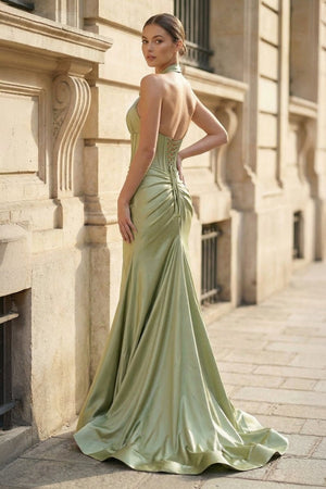 Mermaid Sage Halter Corset Long Prom Dress with Rosette Embellishment - KissProm