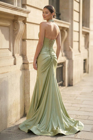 Mermaid Sage Halter Corset Long Prom Dress with Rosette Embellishment - KissProm