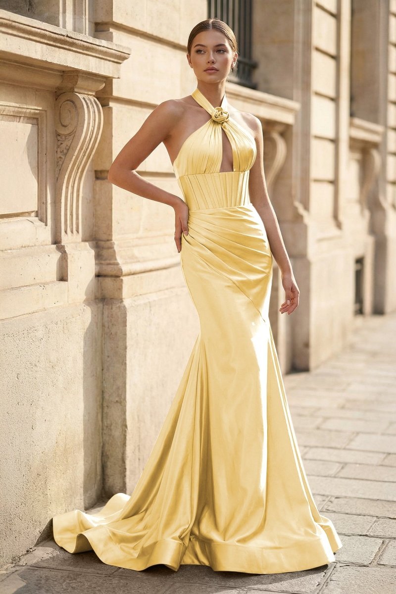 KissProm Mermaid Sage Halter Corset Long Prom Dress with Rosette Embellishment, Yellow / 14